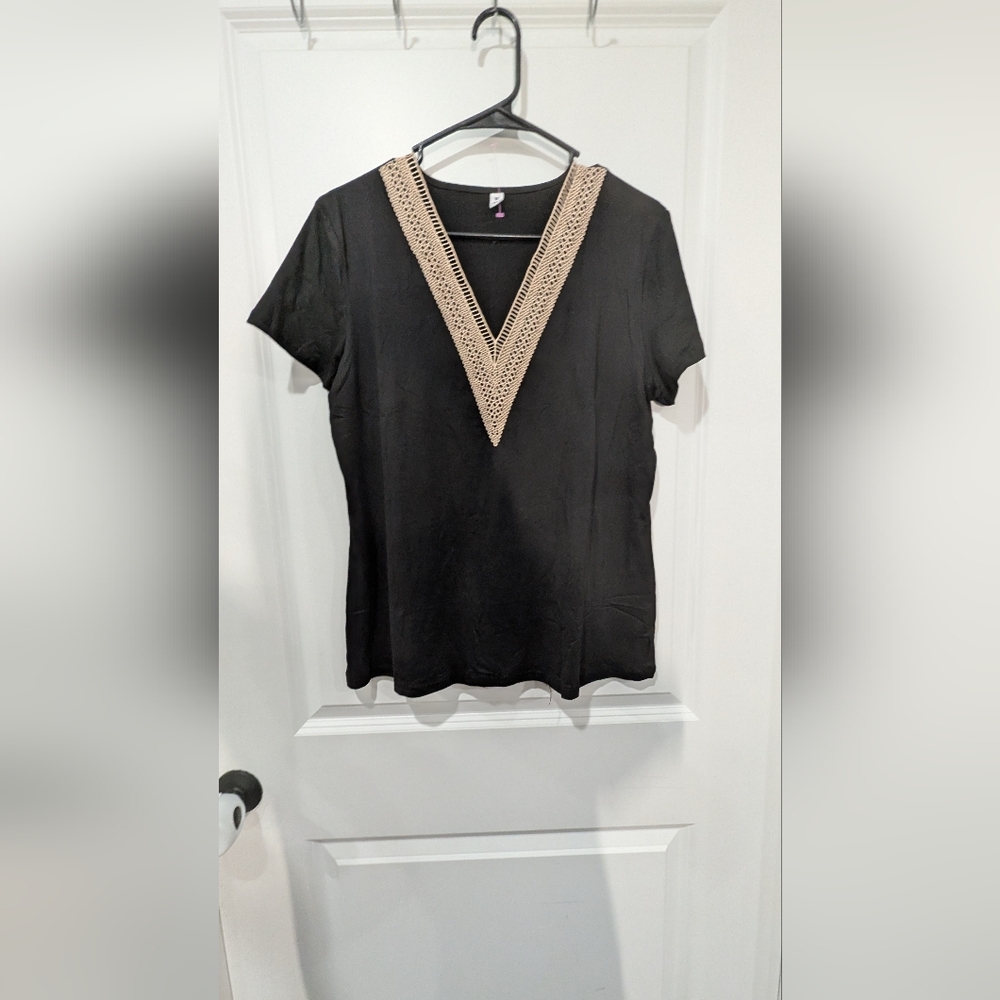 Black V-Neck Top with Tan Trim